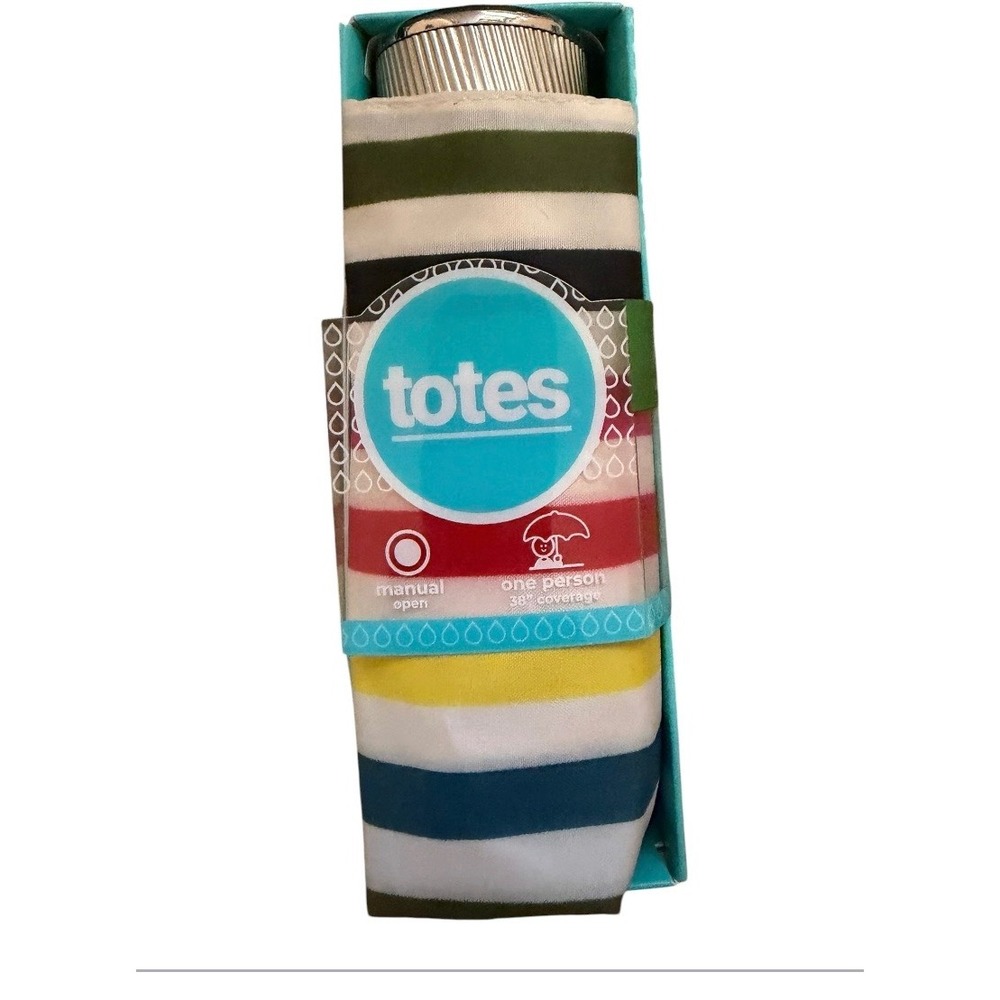 Totes Manual Open Umbrella Multi-Color Striped 38-Inch Coverage Eco-Friendly